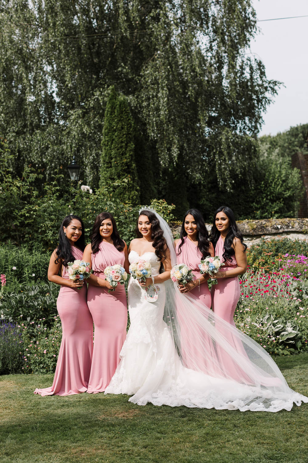 Bride Bridal Fishtail Dress Gown Fit & Flare Tiara Veil Bouquet Rose Hydrangea Pink Floor Length Maxi Bridesmaids Brewerstreet Farmhouse Wedding Danielle Smith Photography