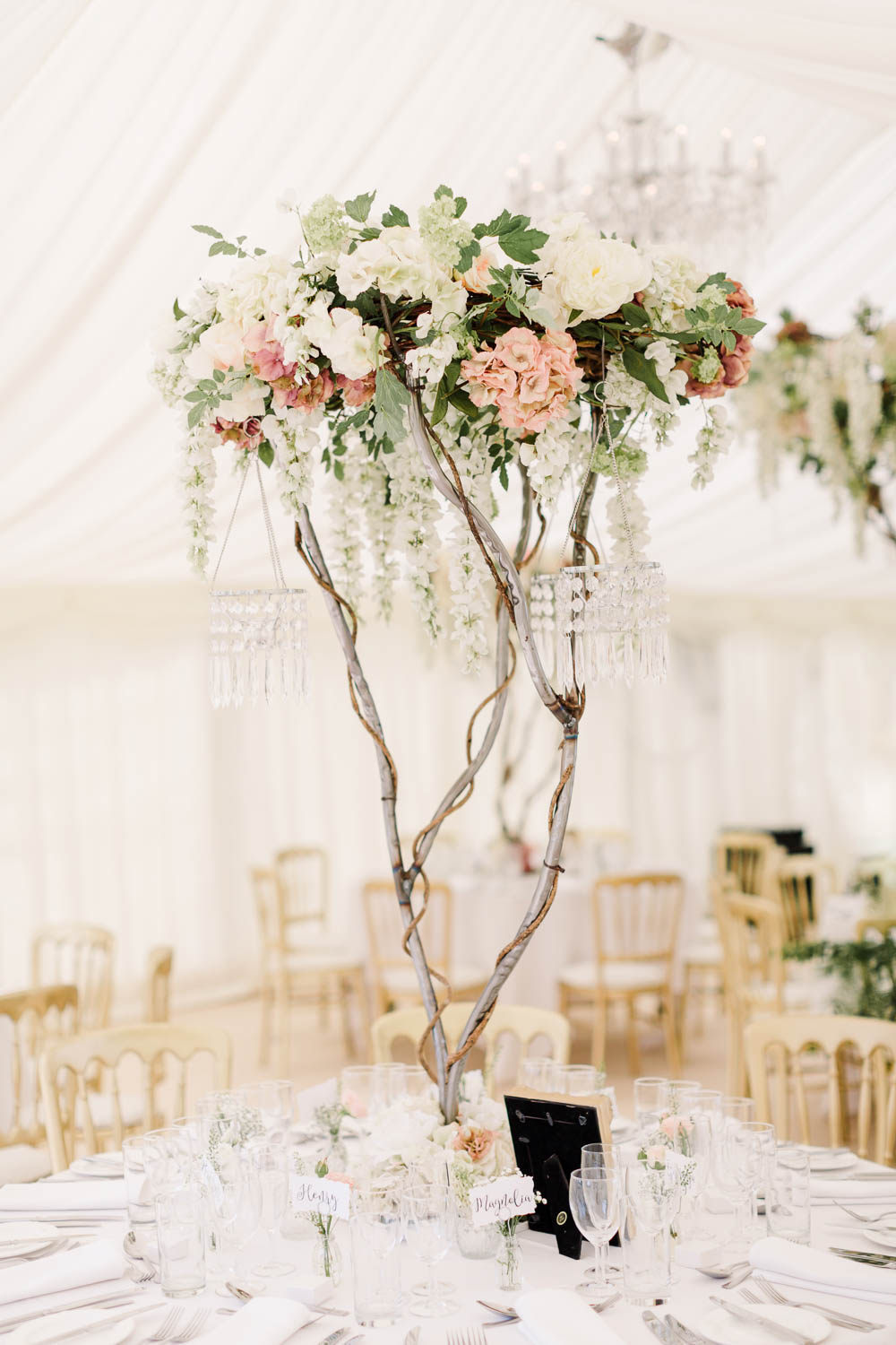Blossom Tree Floral Chandelier Centrepiece Brewerstreet Farmhouse Wedding Danielle Smith Photography