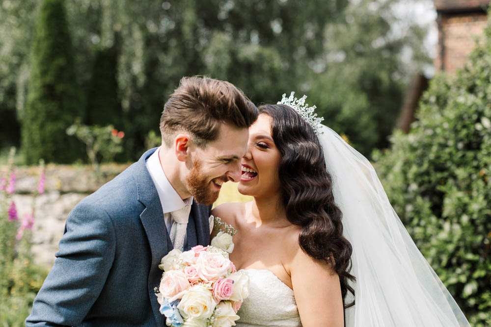 Bride Bridal Fishtail Dress Gown Fit & Flare Tiara Blue Suit Groom Veil Bouquet Rose Hydrangea Brewerstreet Farmhouse Wedding Danielle Smith Photography