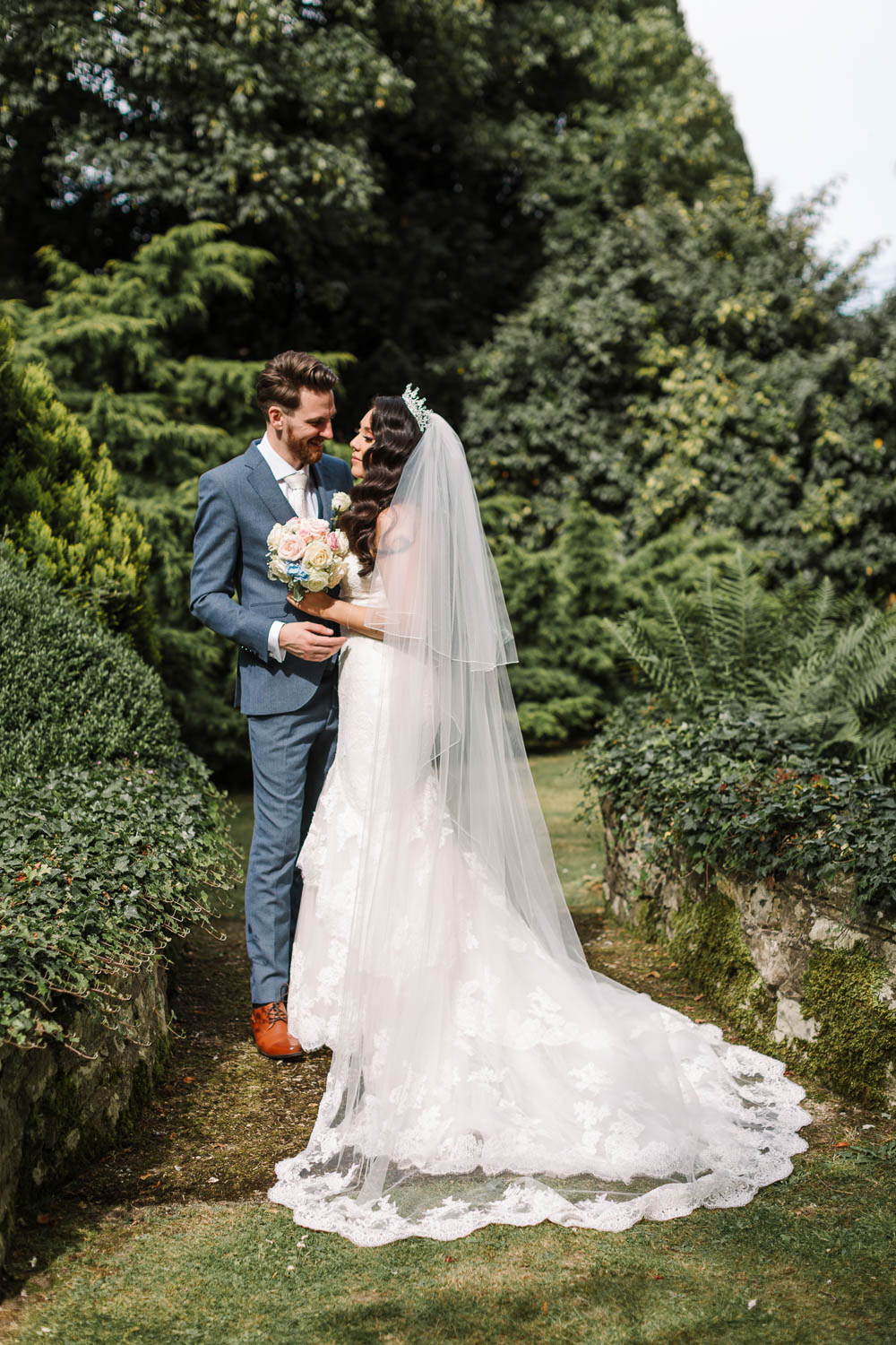 Bride Bridal Fishtail Dress Gown Fit & Flare Tiara Blue Suit Groom Veil Bouquet Rose Hydrangea Brewerstreet Farmhouse Wedding Danielle Smith Photography