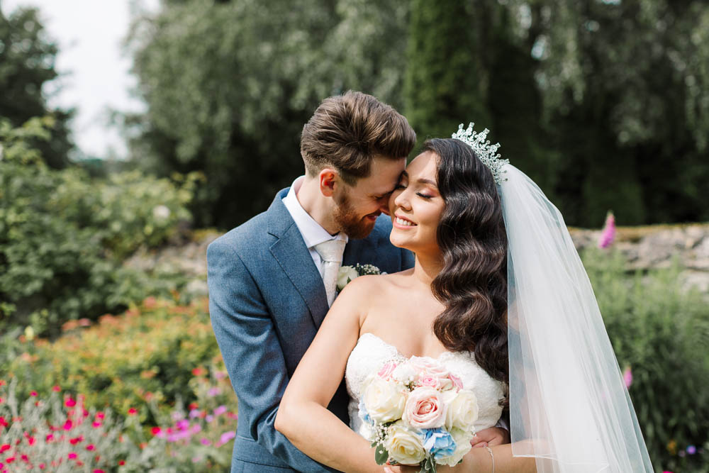 Bride Bridal Fishtail Dress Gown Fit & Flare Tiara Blue Suit Groom Veil Bouquet Rose Hydrangea Brewerstreet Farmhouse Wedding Danielle Smith Photography