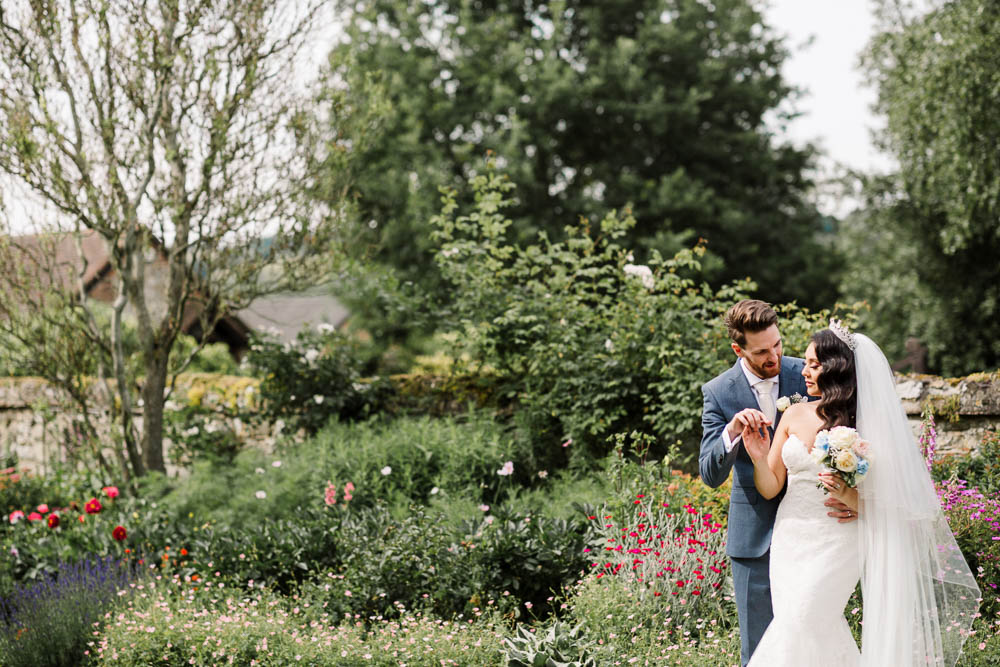 Bride Bridal Fishtail Dress Gown Fit & Flare Tiara Blue Suit Groom Veil Bouquet Rose Hydrangea Brewerstreet Farmhouse Wedding Danielle Smith Photography