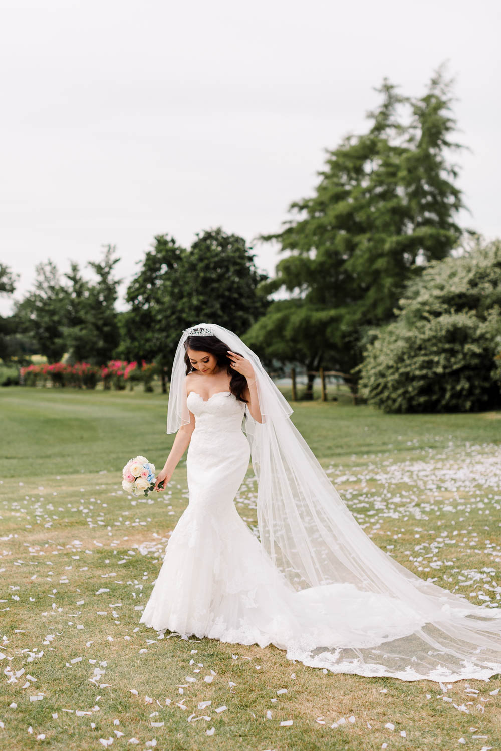 Bride Bridal Fishtail Dress Gown Fit & Flare Tiara Veil Bouquet Rose Hydrangea Brewerstreet Farmhouse Wedding Danielle Smith Photography