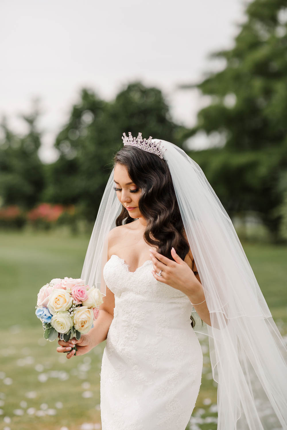 Bride Bridal Fishtail Dress Gown Fit & Flare Tiara Veil Bouquet Rose Hydrangea Brewerstreet Farmhouse Wedding Danielle Smith Photography