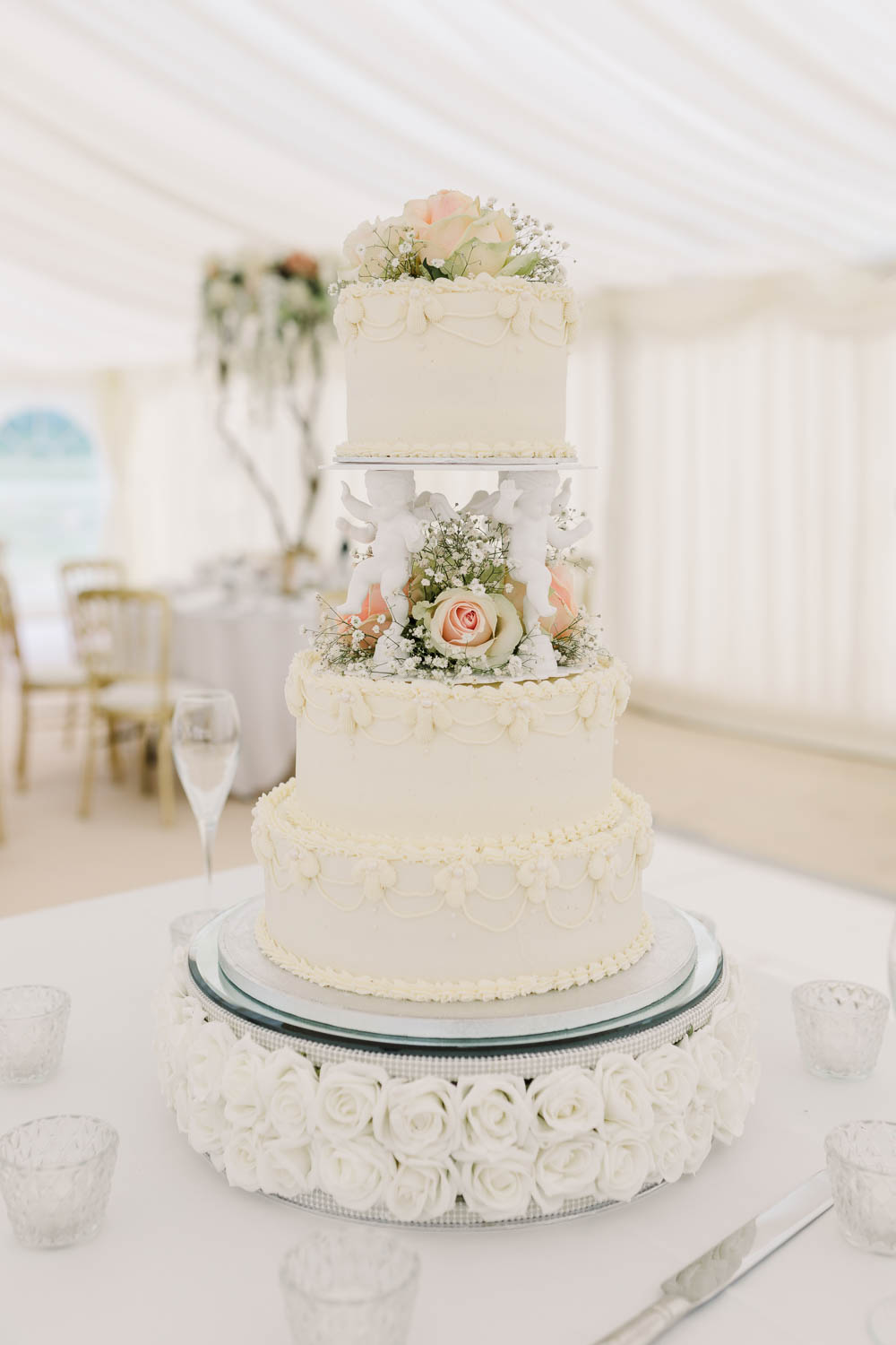Cake Cherub Pillar Stand Iced Traditional Rose Gypsophila Brewerstreet Farmhouse Wedding Danielle Smith Photography