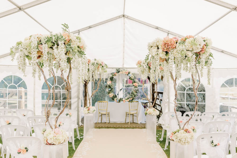 Ceremony Blossom Tree Floral Flowers Chandelier Hoop Brewerstreet Farmhouse Wedding Danielle Smith Photography