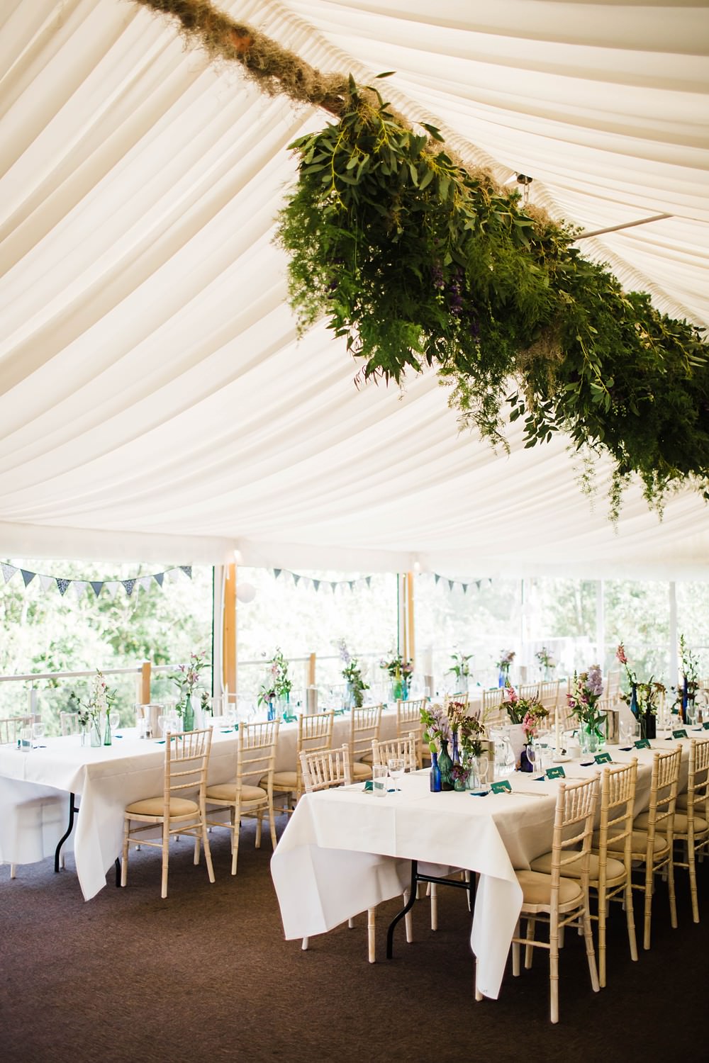 Marquee Suspended Hanging Foliage Greenery Installation Decor Cherwell Boathouse Wedding Claudia Rose Carter Photography