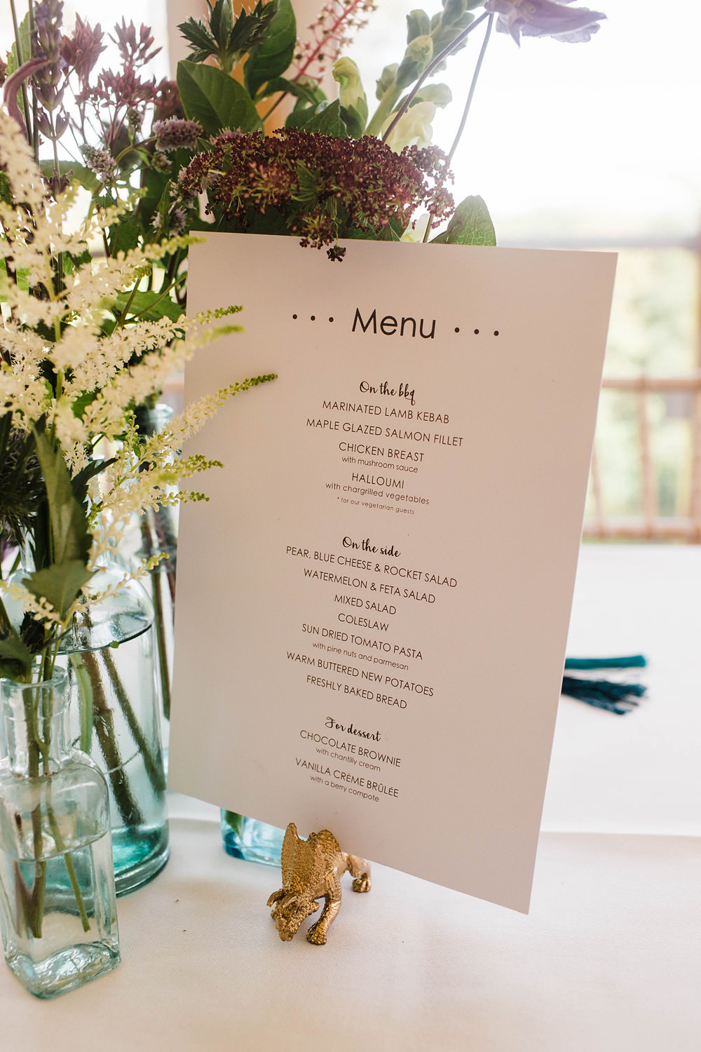 Gold Dinosaur Menu Holder Cherwell Boathouse Wedding Claudia Rose Carter Photography
