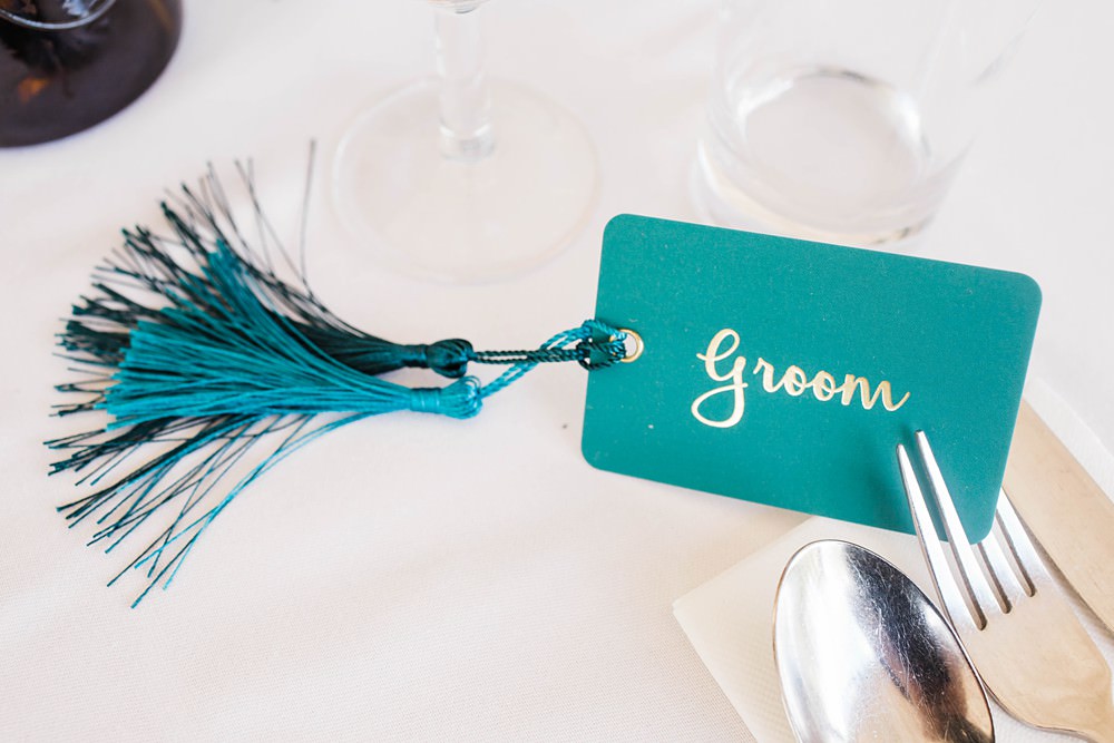 Green Blue Place Name Card Tassel Cherwell Boathouse Wedding Claudia Rose Carter Photography