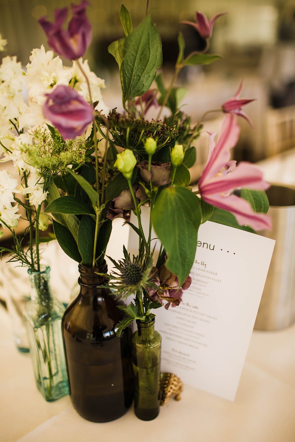 Bottle Flowers Table Centrepiece Deor Cherwell Boathouse Wedding Claudia Rose Carter Photography