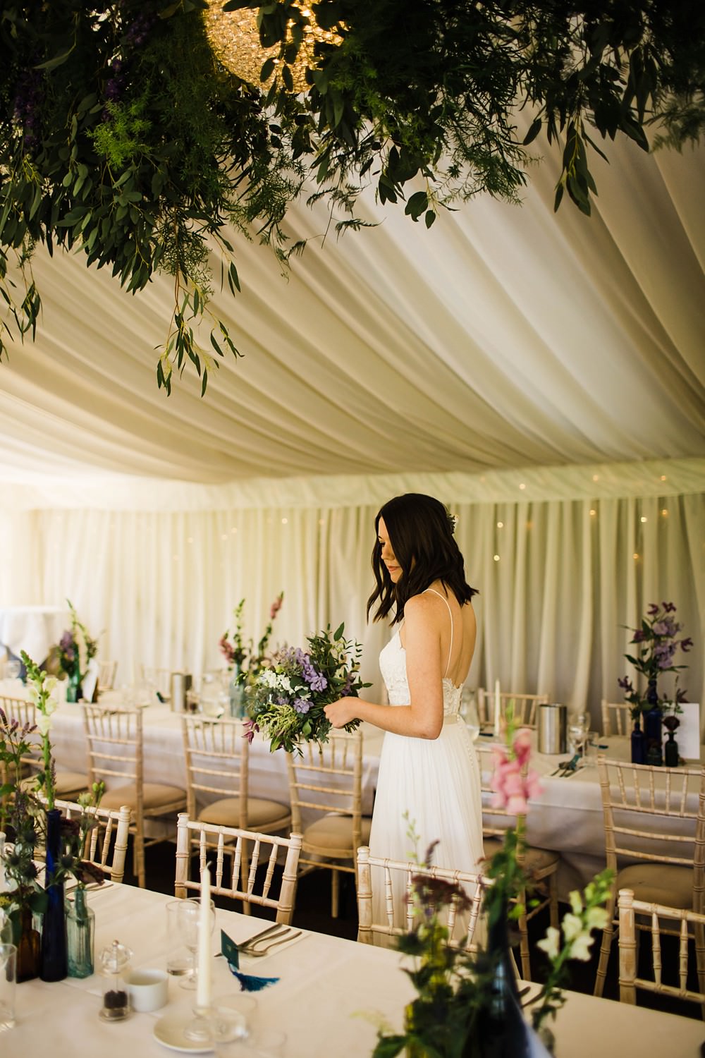 Marquee Suspended Hanging Foliage Greenery Installation Decor Cherwell Boathouse Wedding Claudia Rose Carter Photography