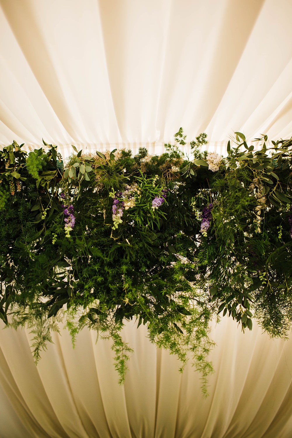 Marquee Suspended Hanging Foliage Greenery Installation Decor Cherwell Boathouse Wedding Claudia Rose Carter Photography