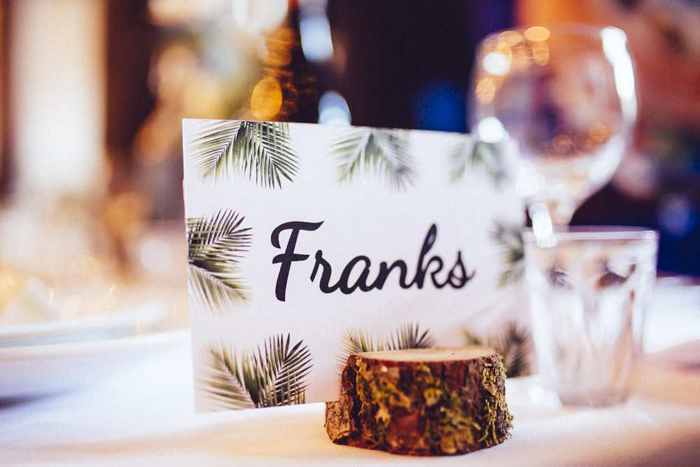 Botanical Tropical Leaf Place Name Card Log Clapton Country Club Wedding Curious Rose Photography