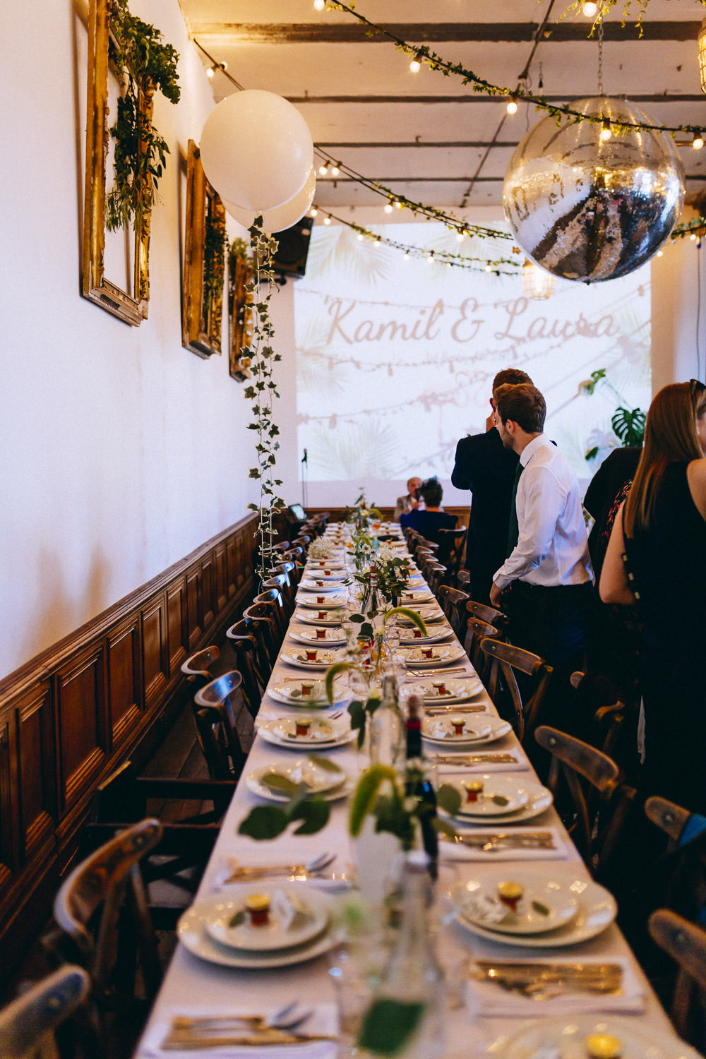 Long Tables Tropical Botanical Decor Lanterns Festoon Lights Clapton Country Club Wedding Curious Rose Photography