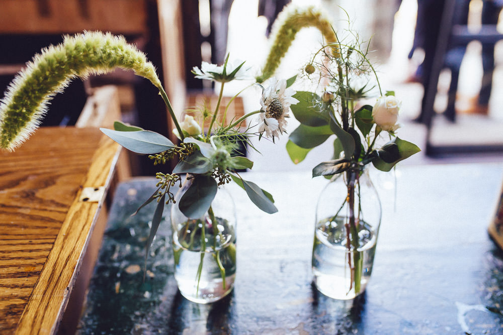 Table Flowers Centrepeice Decor Greenery Foliage Bottles Clapton Country Club Wedding Curious Rose Photography
