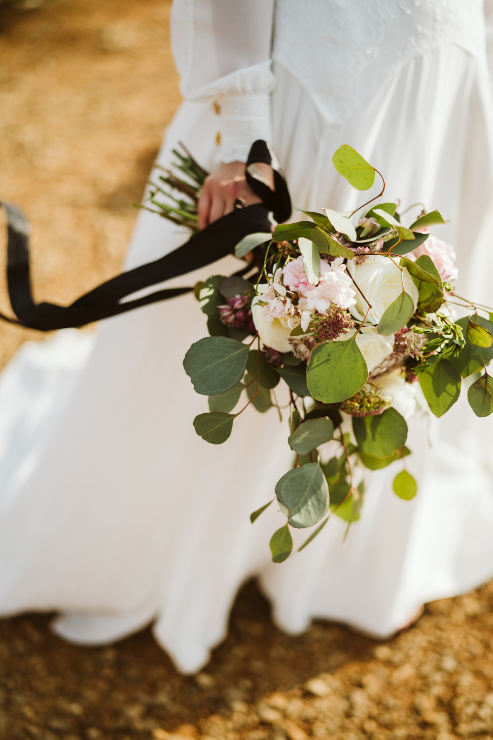Bouquet Flowers Bride Bridal Black Ribbon Foliage Greenery Rose Berry Clifftop Portugal Wedding Ideas John Barwood Photography