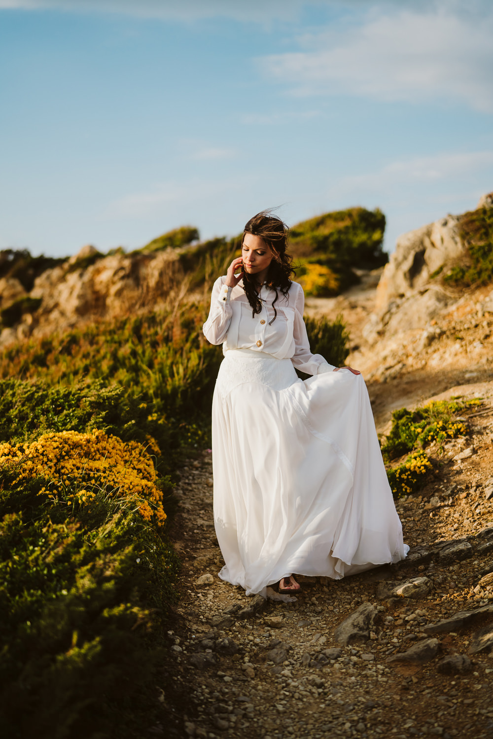 Dress Gown Bride Bridal Buttons Skirt Long Sleeves Clifftop Portugal Wedding Ideas John Barwood Photography