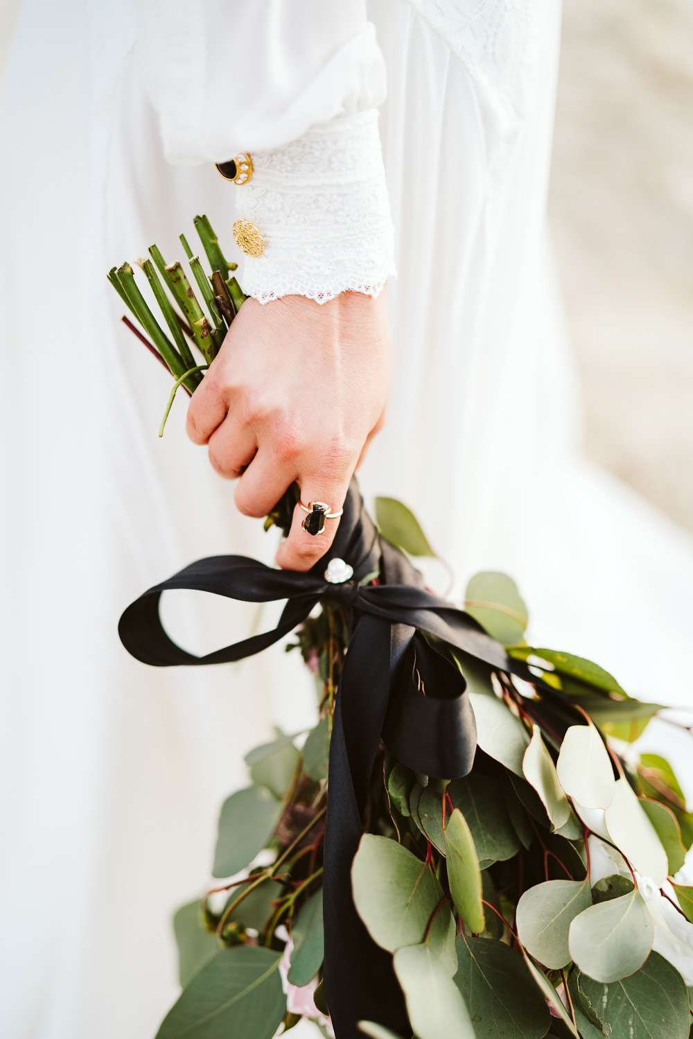 Bouquet Flowers Bride Bridal Black Ribbon Foliage Greenery Rose Berry Clifftop Portugal Wedding Ideas John Barwood Photography
