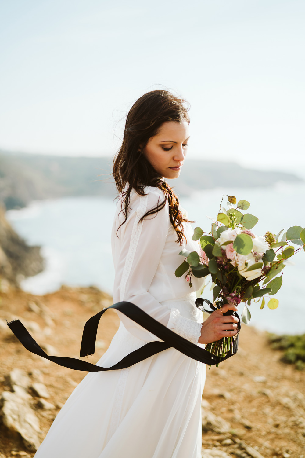 Bouquet Flowers Bride Bridal Black Ribbon Foliage Greenery Rose Berry Clifftop Portugal Wedding Ideas John Barwood Photography