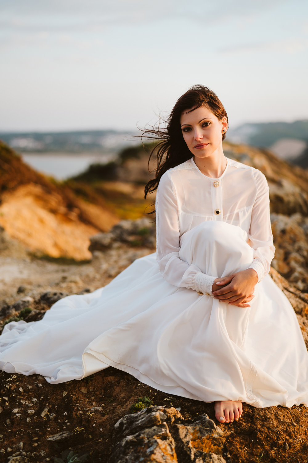 Dress Gown Bride Bridal Buttons Skirt Long Sleeves Clifftop Portugal Wedding Ideas John Barwood Photography