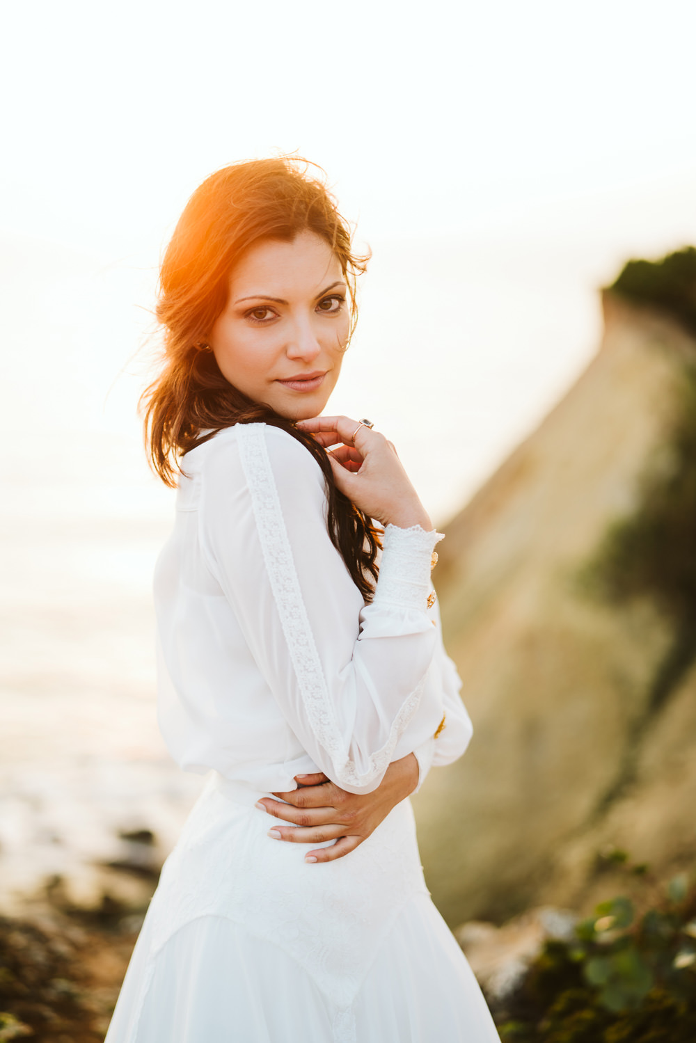 Dress Gown Bride Bridal Buttons Skirt Long Sleeves Clifftop Portugal Wedding Ideas John Barwood Photography