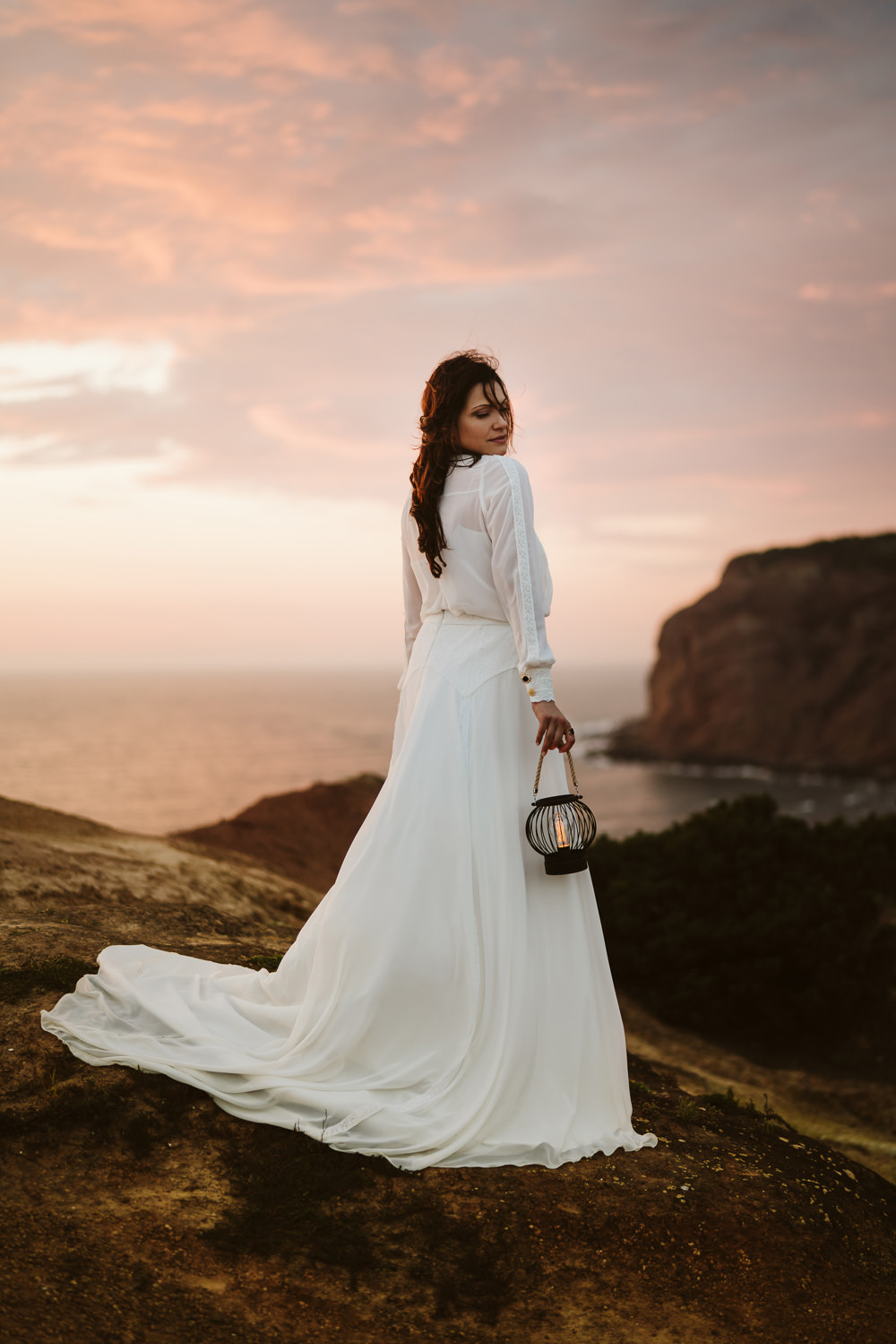 Dress Gown Bride Bridal Buttons Skirt Long Sleeves Clifftop Portugal Wedding Ideas John Barwood Photography
