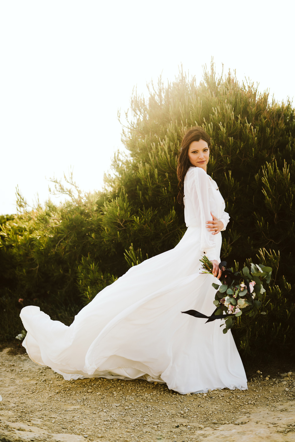 Dress Gown Bride Bridal Buttons Skirt Long Sleeves Clifftop Portugal Wedding Ideas John Barwood Photography