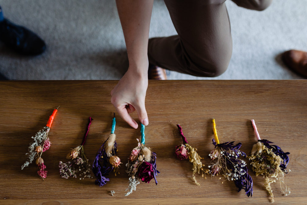 Dried Flower Buttonholes Groom Groomsmen Colourful Festival Party Wedding Emma and Rich Photography
