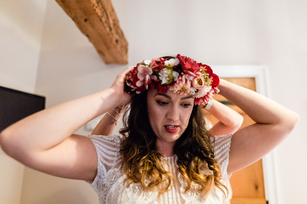 Large Flower Crown Bride Bridal Cream Red Pink Colourful Festival Party Wedding Emma and Rich Photography