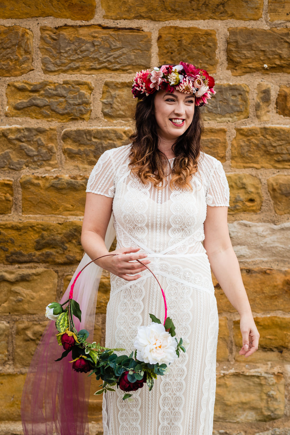 Bride Bridal Dress Lace Sleeves Train Ombre Veil Hoop Wreath Flowers Watters Wtoo Colourful Festival Party Wedding Emma and Rich Photography