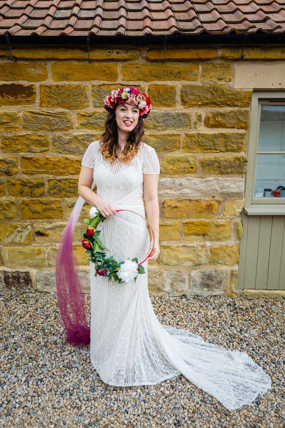 Bride Bridal Dress Lace Sleeves Train Ombre Veil Hoop Wreath Flowers Watters Wtoo Colourful Festival Party Wedding Emma and Rich Photography