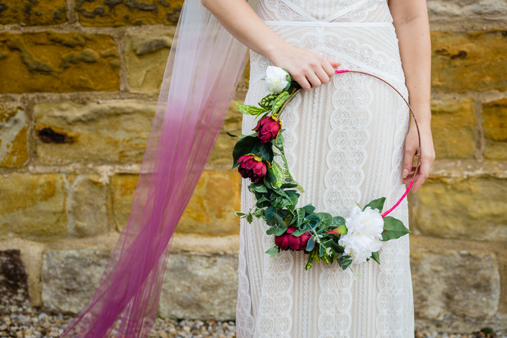 Bride Bridal Dress Lace Sleeves Train Ombre Veil Hoop Wreath Flowers Watters Wtoo Colourful Festival Party Wedding Emma and Rich Photography