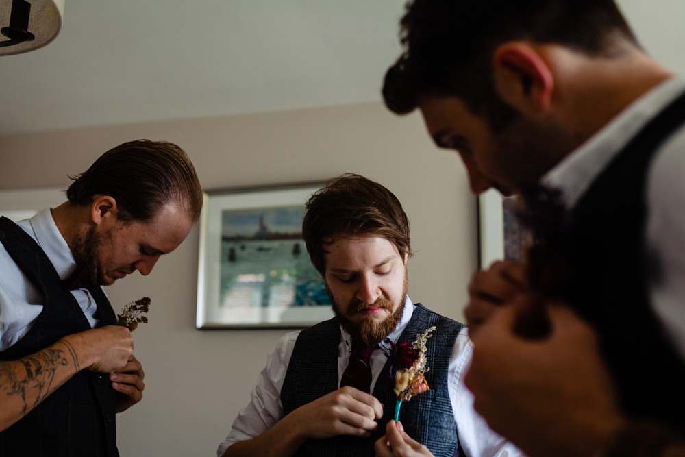 Dried Flower Buttonholes Groom Groomsmen Colourful Festival Party Wedding Emma and Rich Photography