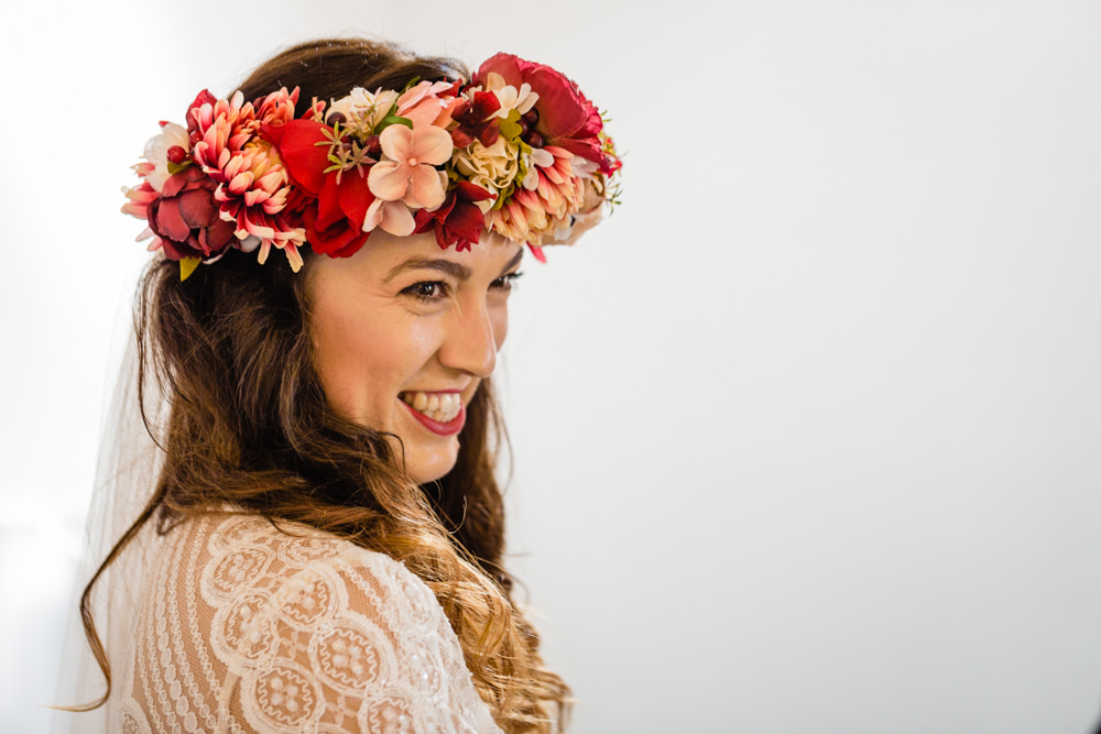 Large Flower Crown Bride Bridal Cream Red Pink Colourful Festival Party Wedding Emma and Rich Photography