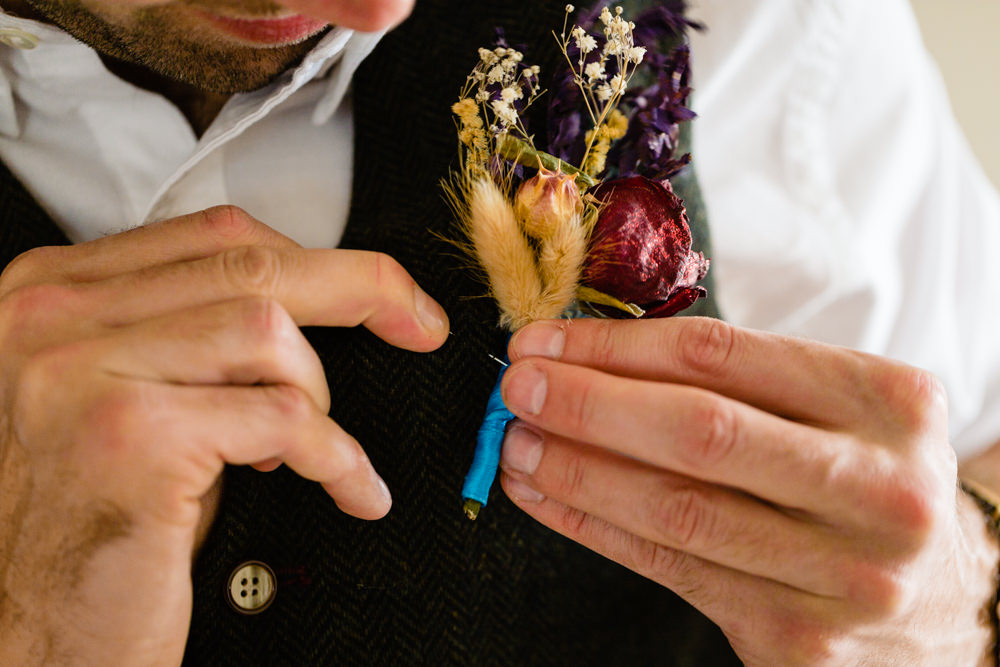 Dried Flower Buttonholes Groom Groomsmen Colourful Festival Party Wedding Emma and Rich Photography
