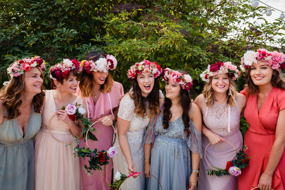Large Flower Crown Bridesmaid Bridesmaids Cream Red Pink Mismatched Dresses Hoops Bouquets Colourful Festival Party Wedding Emma and Rich Photography