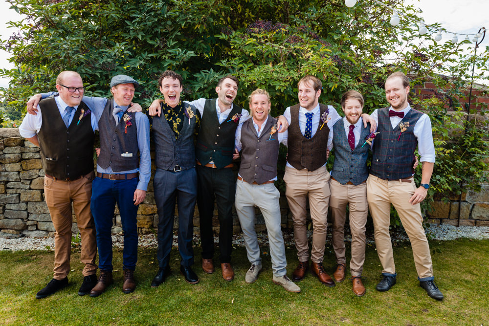 Groom Groomsmen Chinos Waistcoats Mismatched Mix Match Colourful Festival Party Wedding Emma and Rich Photography
