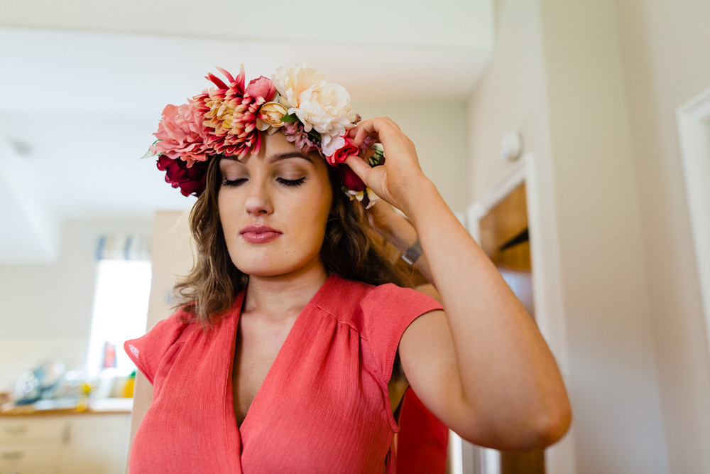 Large Flower Crown Bridesmaid Bridesmaids Cream Red Pink Colourful Festival Party Wedding Emma and Rich Photography
