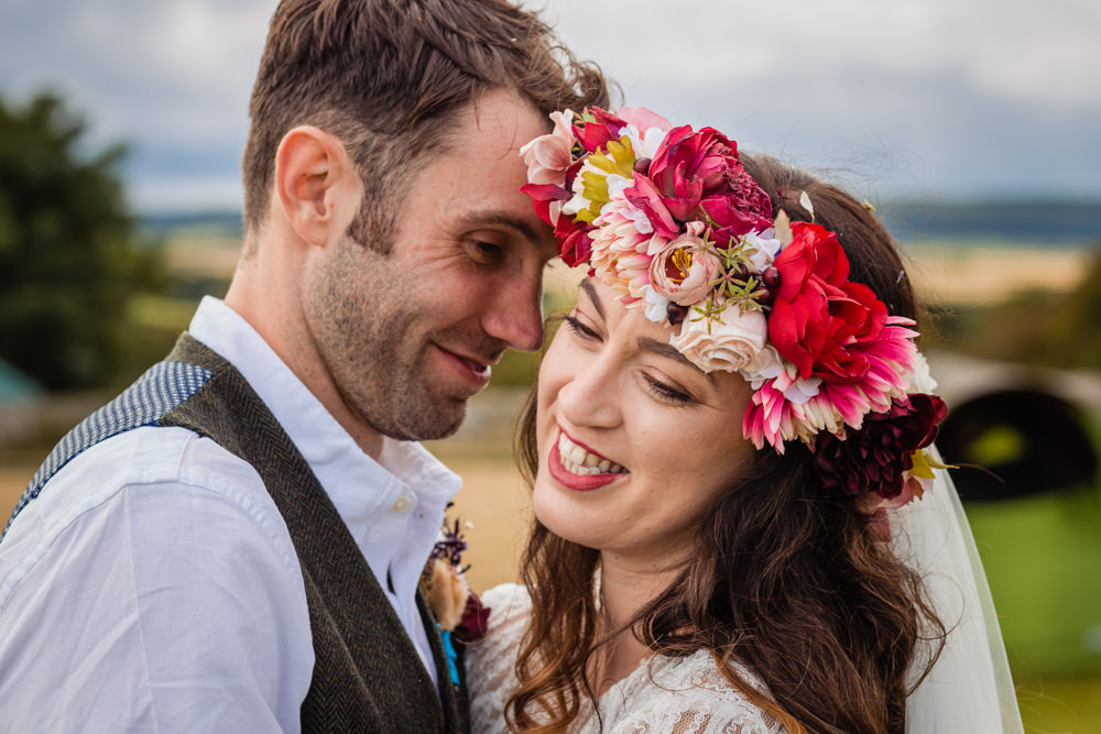 Large Flower Crown Bride Bridal Cream Red Pink Colourful Festival Party Wedding Emma and Rich Photography