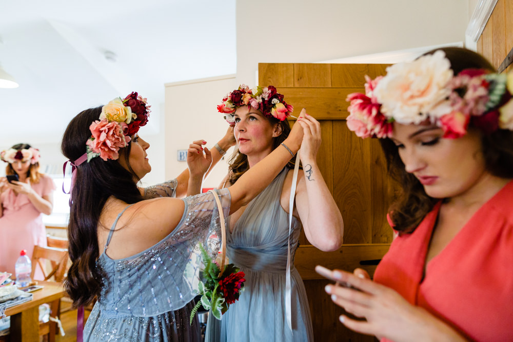 Large Flower Crown Bridesmaid Bridesmaids Cream Red Pink Colourful Festival Party Wedding Emma and Rich Photography