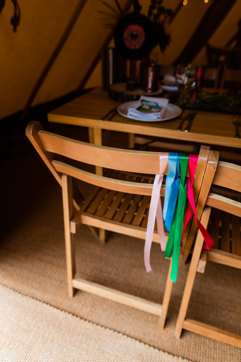 Ribbon Chair Backs Decor Colourful Festival Party Wedding Emma and Rich Photography