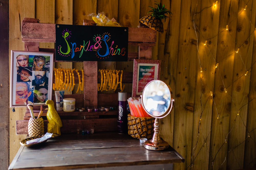 Glitter Make Up Bar Stand Station Colourful Festival Party Wedding Emma and Rich Photography