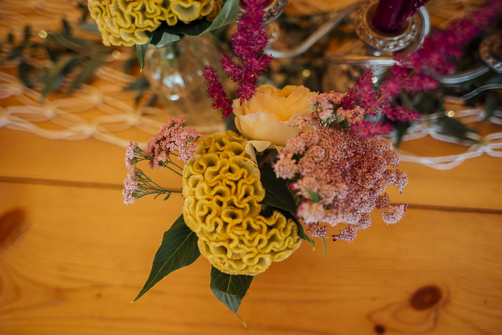 Table Flowers Bottles Decor Centrepiece Wild Meadow Colourful Pretty Floral Tipi Boho Wedding Ideas Purple Pear Tree Photography