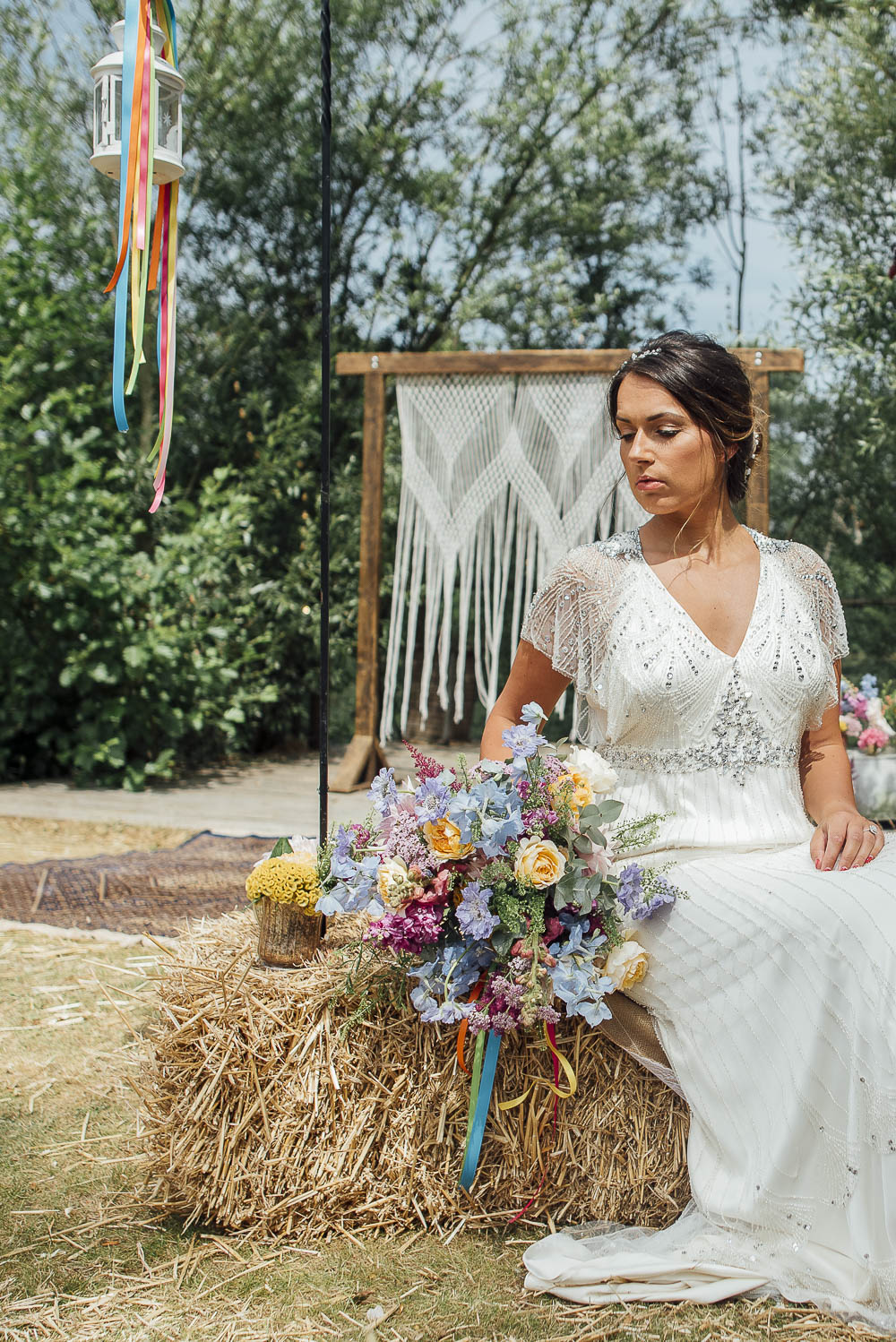 Bride Bridal Dress Gown Beaded Sequin Cap Sleeves Colourful Pretty Floral Tipi Boho Wedding Ideas Purple Pear Tree Photography