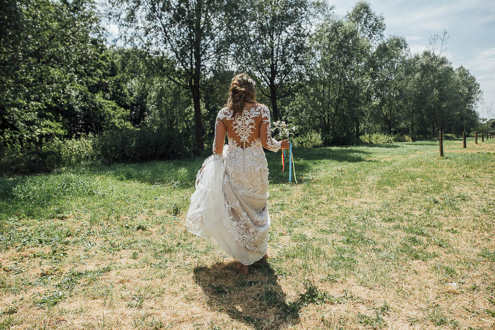 Lace Dress Gown Bride Bridal Train Colourful Pretty Floral Tipi Boho Wedding Ideas Purple Pear Tree Photography