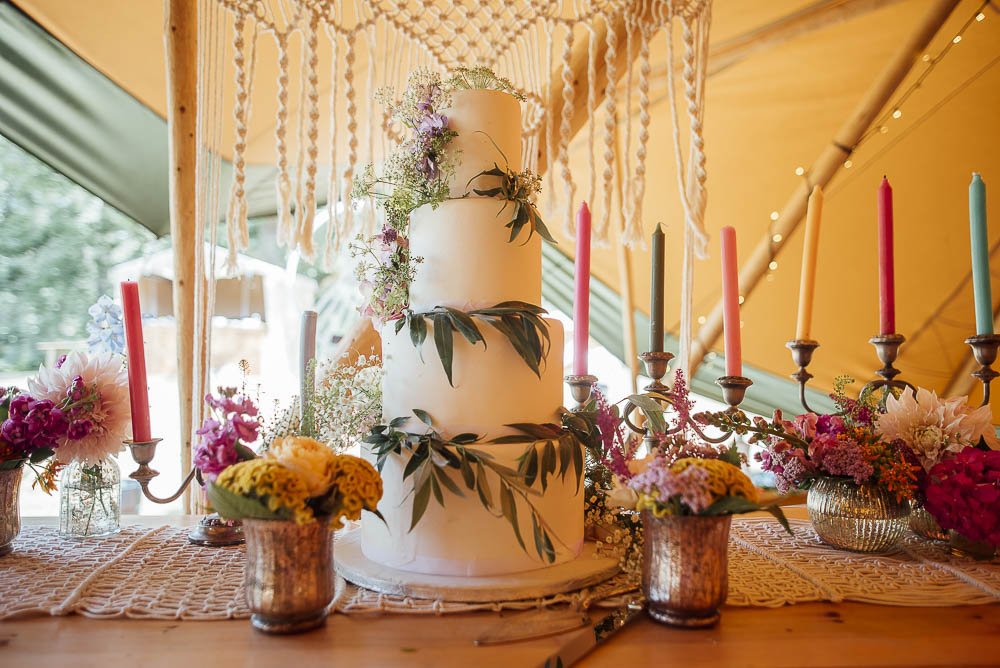 Iced Cake Greenery Foliage Colourful Pretty Floral Tipi Boho Wedding Ideas Purple Pear Tree Photography