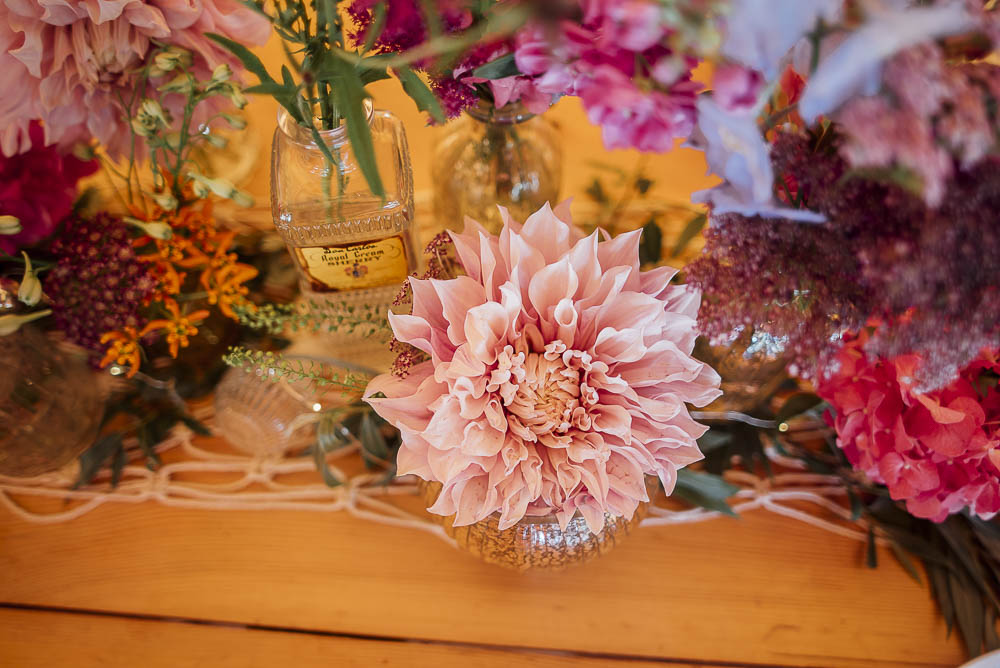 Table Flowers Bottles Decor Centrepiece Wild Meadow Colourful Pretty Floral Tipi Boho Wedding Ideas Purple Pear Tree Photography