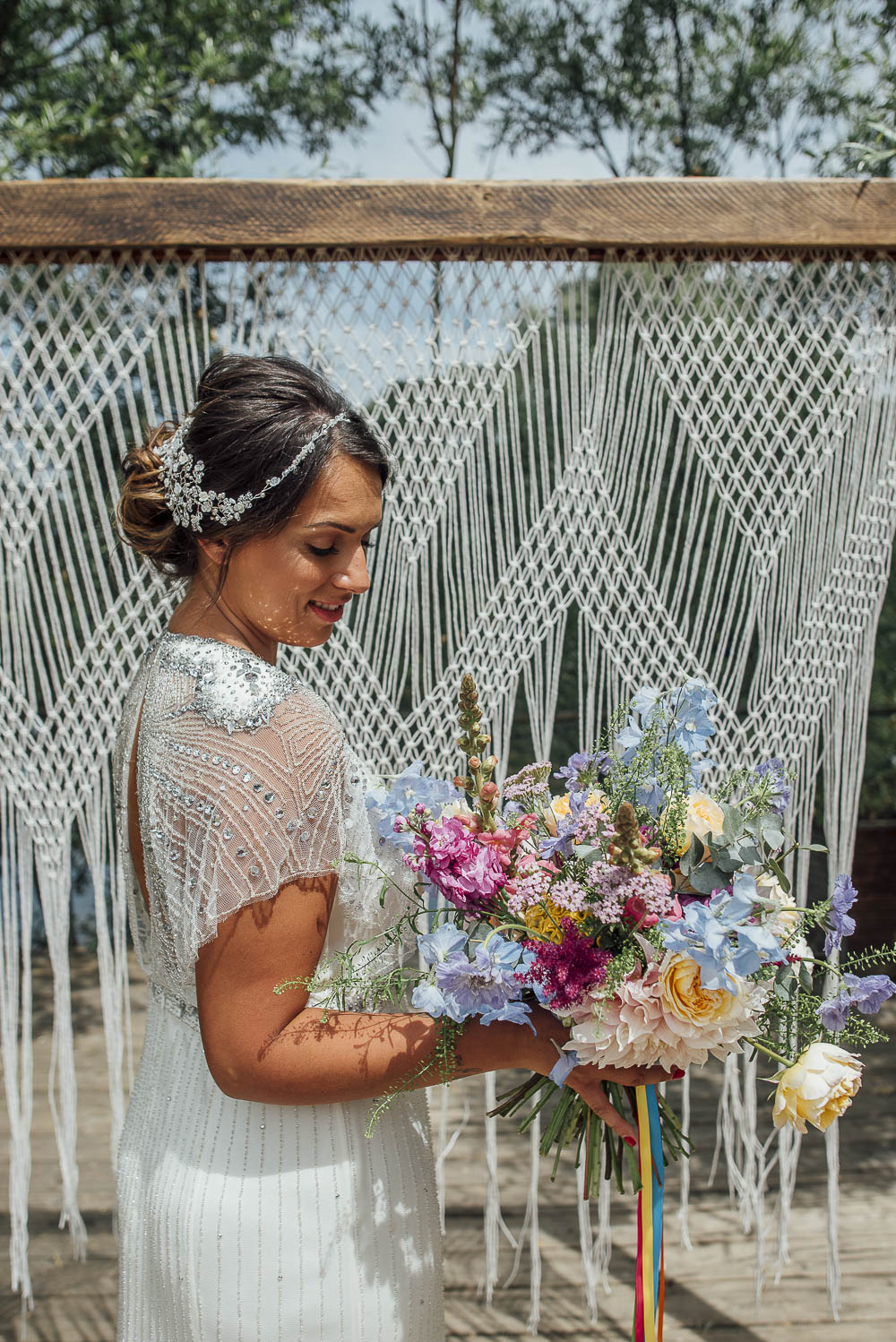 Bride Bridal Dress Gown Beaded Sequin Cap Sleeves Bouquet Flowers Astilbe Dahlia Rose Ribbon Colourful Pretty Floral Tipi Boho Wedding Ideas Purple Pear Tree Photography