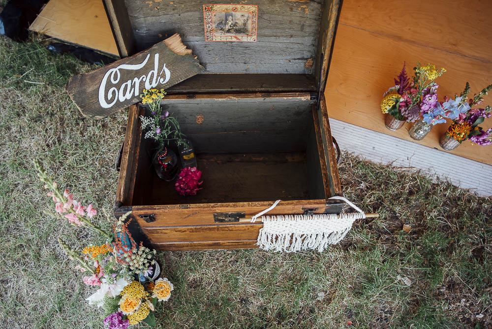 Wooden Card Box Rustic Flowers Colourful Pretty Floral Tipi Boho Wedding Ideas Purple Pear Tree Photography