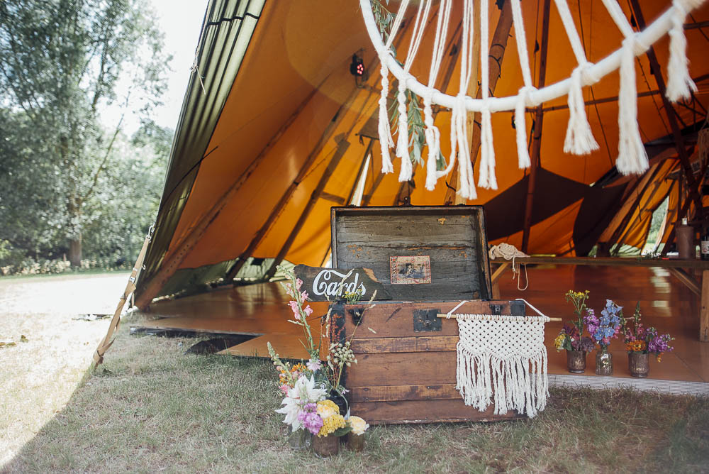 Wooden Card Box Rustic Flowers Macrame Colourful Pretty Floral Tipi Boho Wedding Ideas Purple Pear Tree Photography